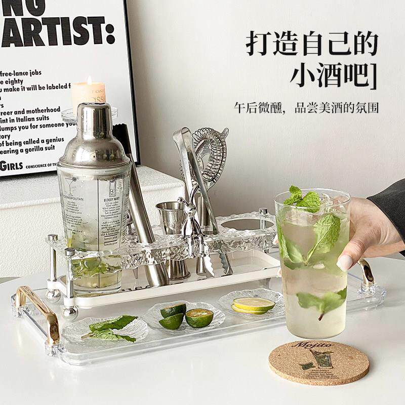 不锈钢调酒器套装玻璃雪克杯家用高级感调酒全套收纳层架手摇柠檬