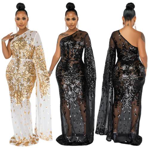 Embroidered pearl mesh diagonal shoulder evening dress,