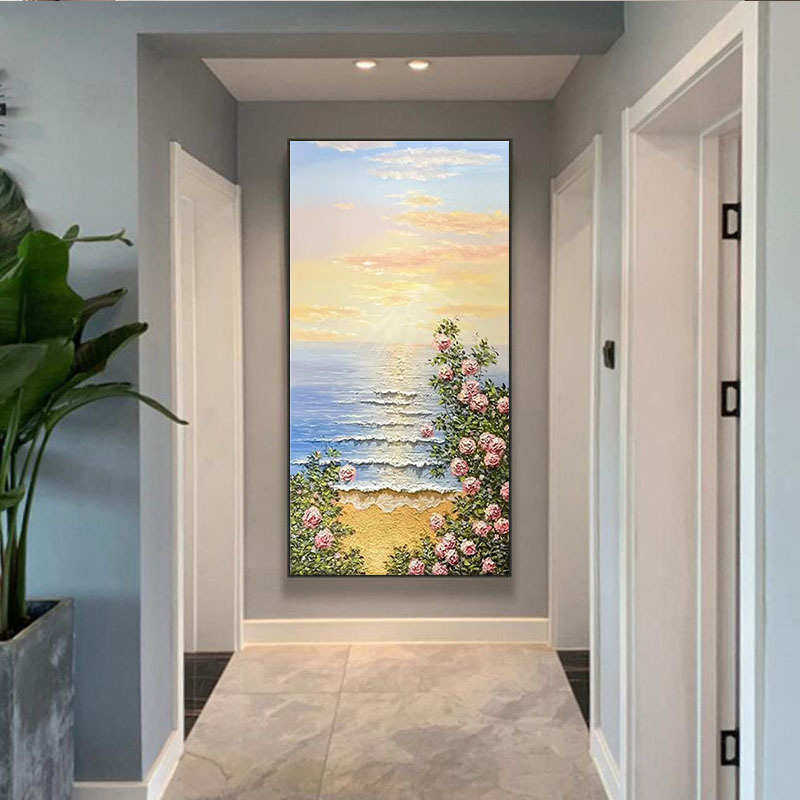 手绘油画日出海景玄关装饰画现代轻奢沙滩花卉风景法式高级入户画