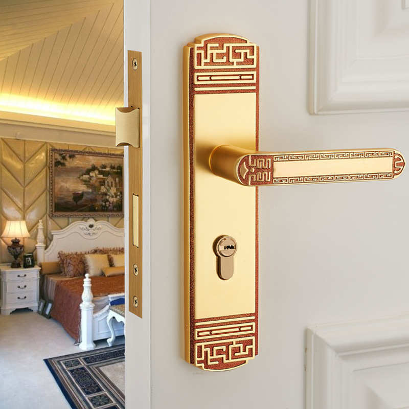 金色中式门锁 室内门锁实心把手静音门锁五金锁具 卧室房门锁批发