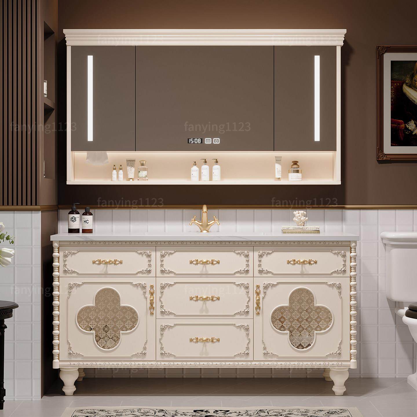 法式复古橡木浴室柜组合落地式卫生间洗漱台洗手脸盆柜岩板无缝盆