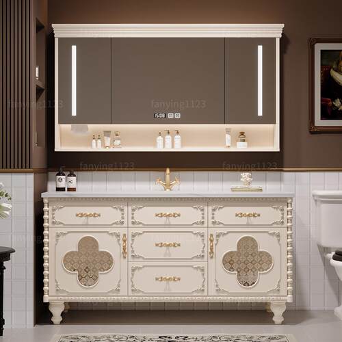 法式复古橡木浴室柜组合落地式卫生间洗漱台洗手脸盆柜岩板无缝盆