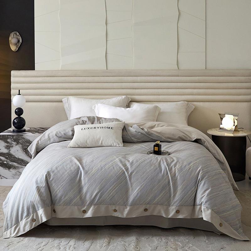 轻奢宽边纽扣款磨毛四件套纯棉简约加厚床单被套床上用品南通家纺