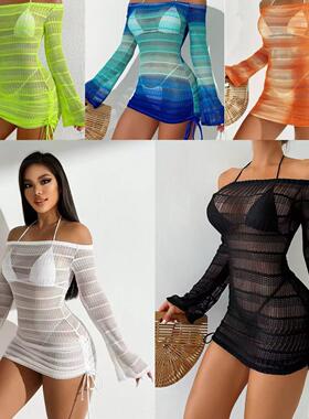 Womens Dress Solid Hollow Out Sheer Drawstring Side Sweater
