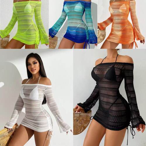 Women Out Sheer Drawstring Side Sweater Dress Bikini Off