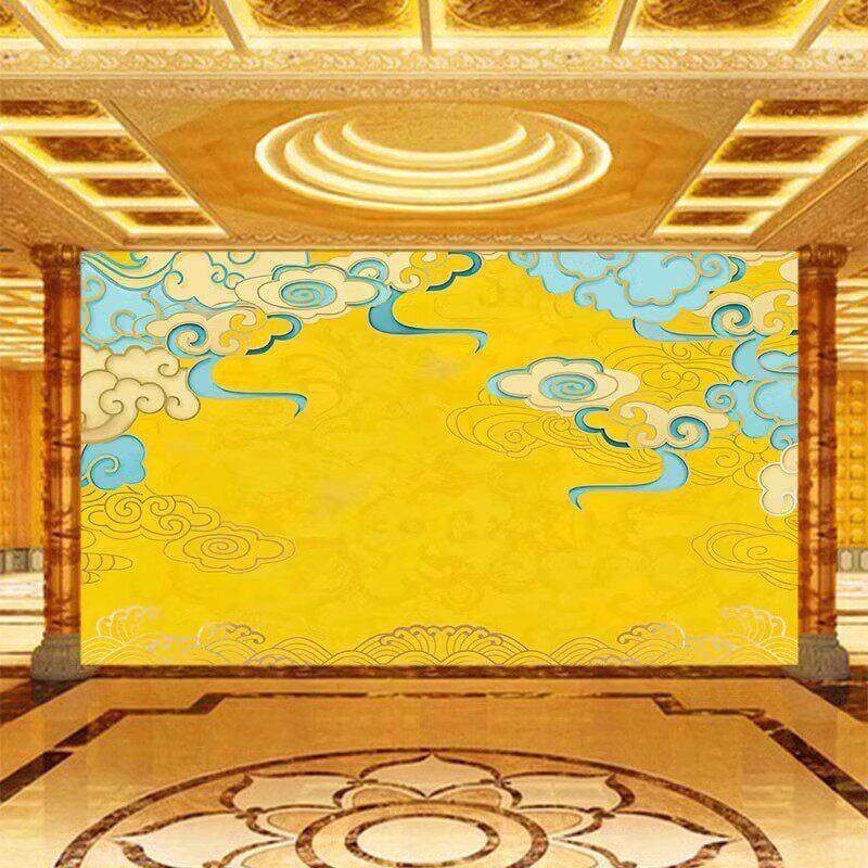 新中式祥云白鹤背景墙扣板寺庙黄色仙鹤佛堂护墙板茶楼茶室碳晶板