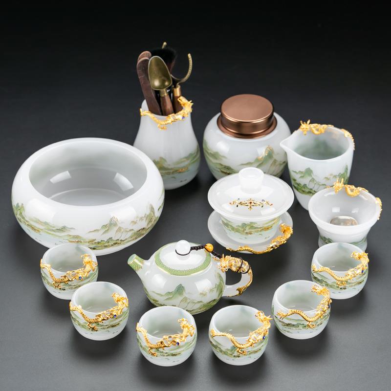 白玉琉璃龙抬头千里江山茶具套装陶瓷家用茶碗现代简约轻奢简易
