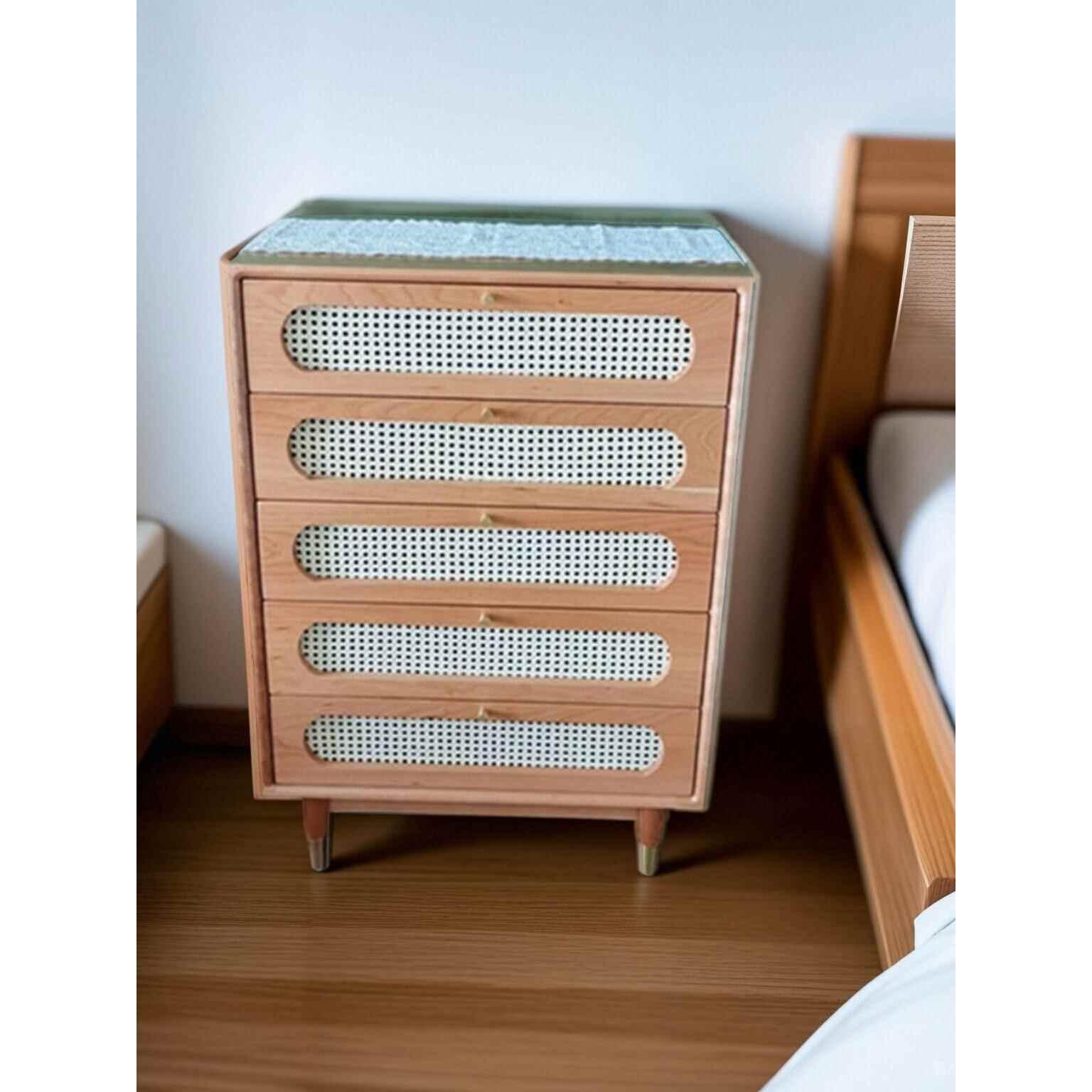 A9L多功能实木五斗柜北欧餐边柜卧室斗橱藤编抽屉储物收纳柜