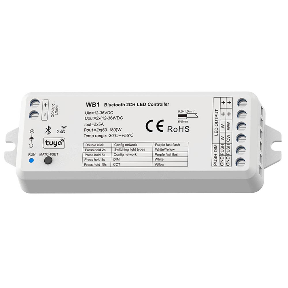 WB1 TUYA蓝⽛&RF2路⽤于控制单⾊或⾊温LED灯带开关渐变LED控制器