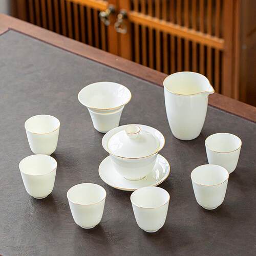 正品盖会碗脂玉白用瓷功夫茶具套装茶杯家客厅办羊公室客德化陶瓷