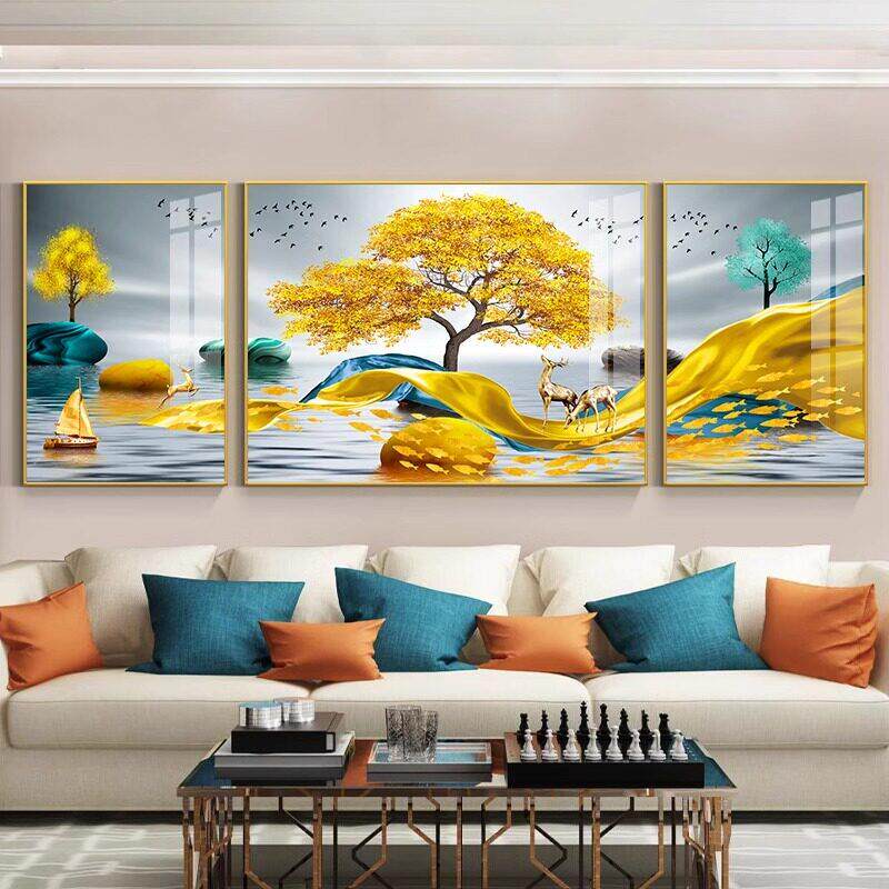 客厅装饰画现代极简主义沙发背景墙三联挂画新中国风山水画平易近