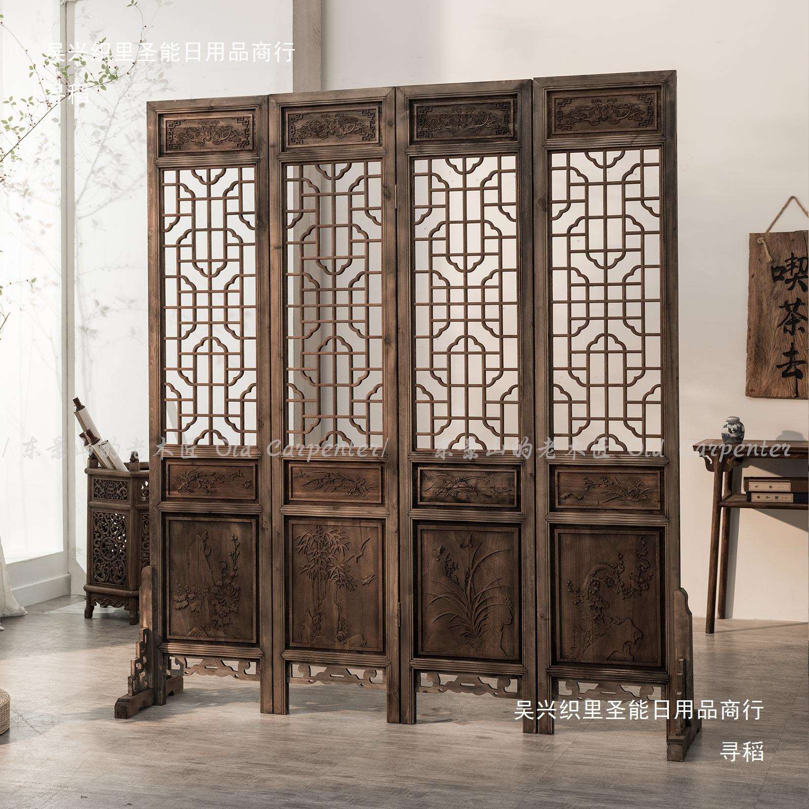 中式仿古做旧屏风客厅实木隔断装饰可折叠移动花格屏风办公室玄关