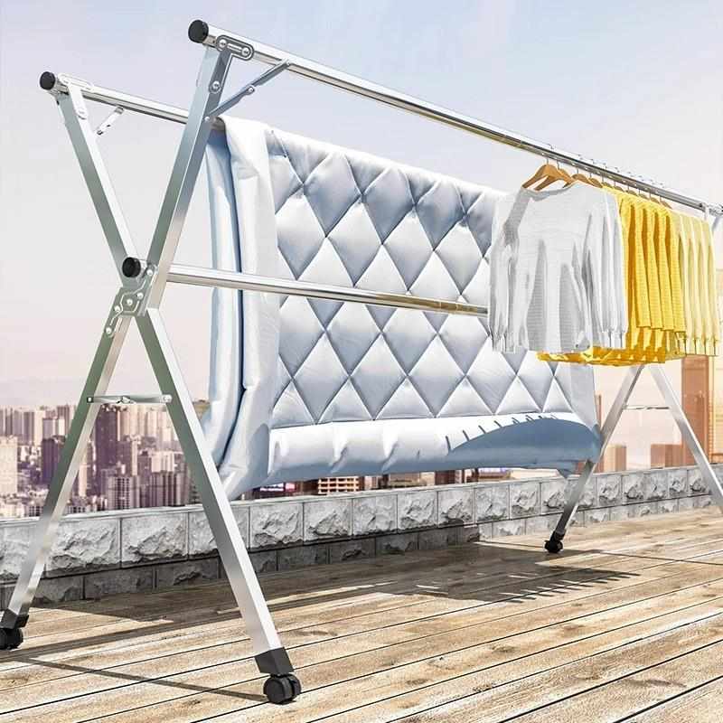 不锈钢晾衣架落地折叠双杆阳台挂衣架室内外衣晾架伸缩晾衣杆万百