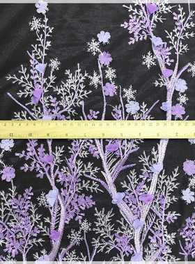 外贸紫色DIY仙气雪花树枝衣服贴花布料lace 彩色网布刺绣蕾丝面料