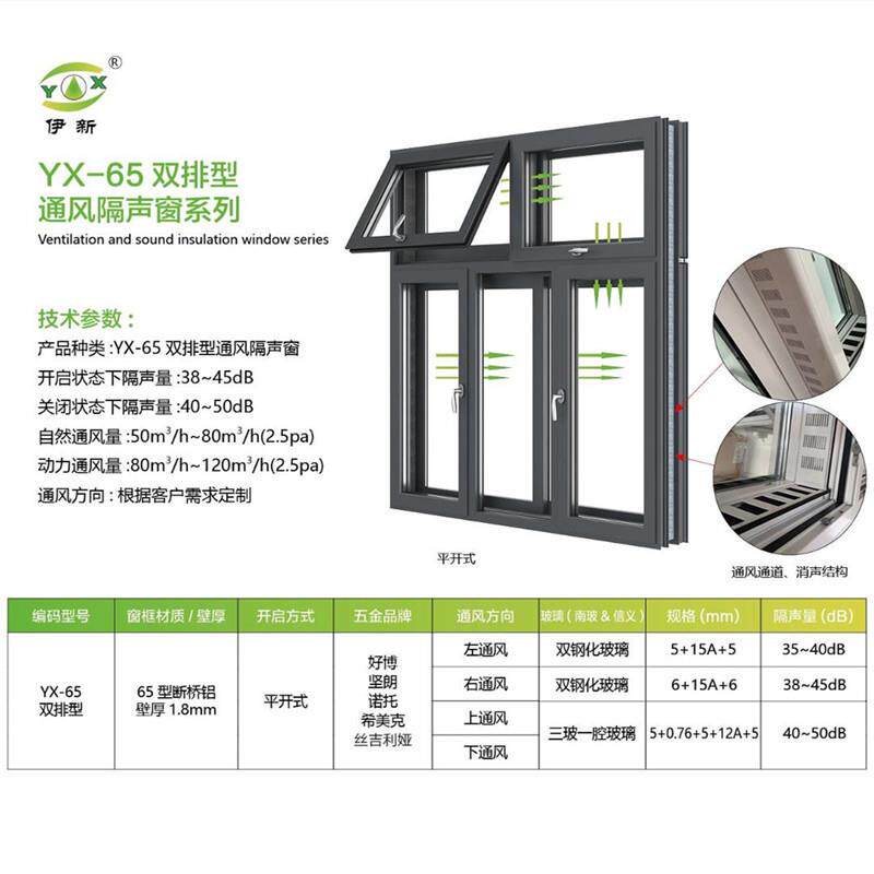伊新加厚65型断桥铝通风隔声窗铝合金窗钢化玻璃隔音隔热窗户