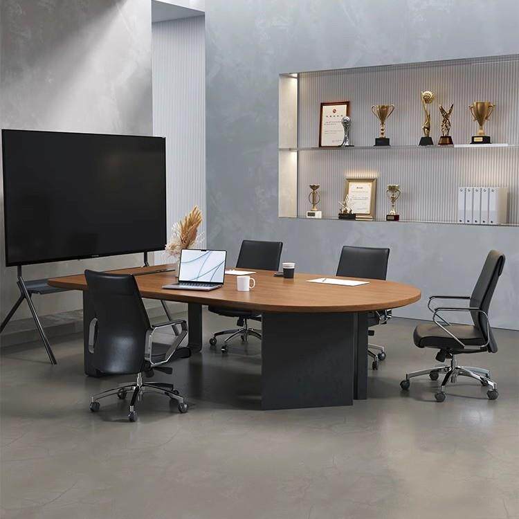 简约实木圆头会议桌椅组合办公室洽谈接待桌轻奢感2026新款办公桌