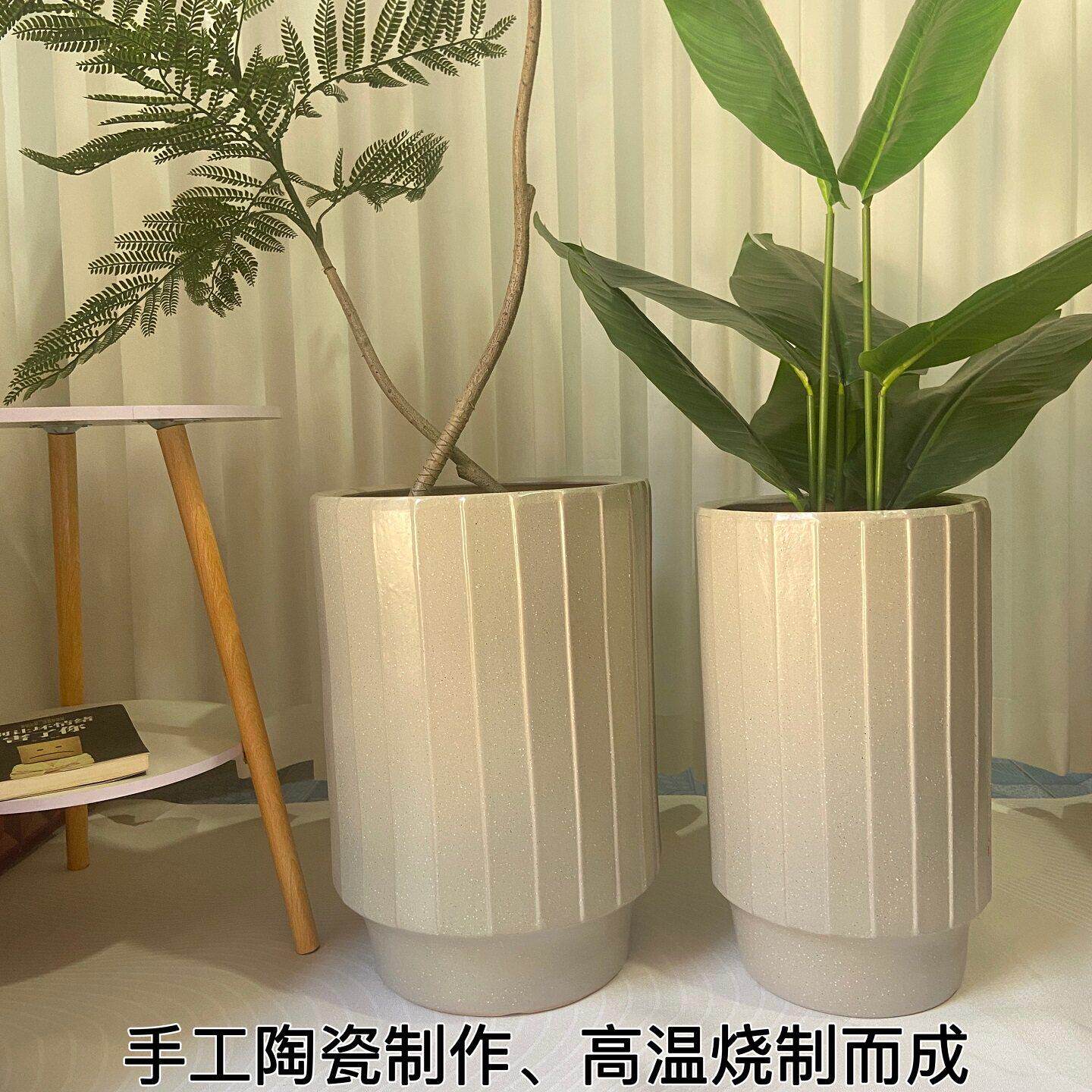 手工特大号陶瓷花盆高款竖条纹圆形高温烧制室内植物花器家居装饰