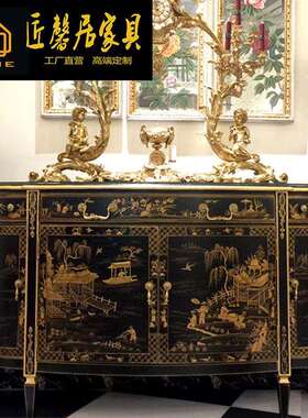 法式中国风描金手绘明清人物黑色1.5米玄关柜别墅门厅柜家具