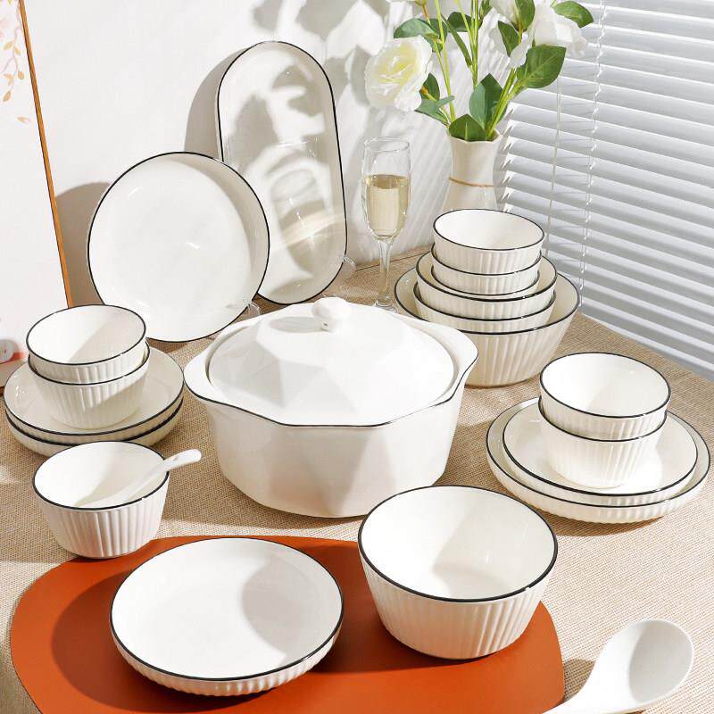 简约北欧风黑线 线4-10人陶瓷碗碟套装家用创意碗盘碗筷组合餐具