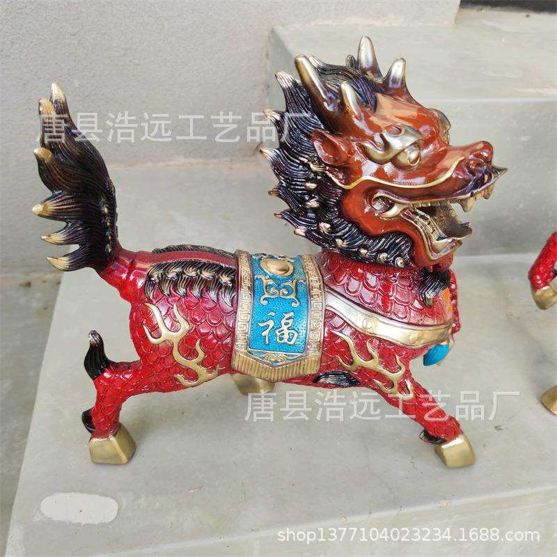 古铜色大型麒麟铜摆件 户外玻璃钢仿真动物麒麟雕塑 铜掐丝工艺品