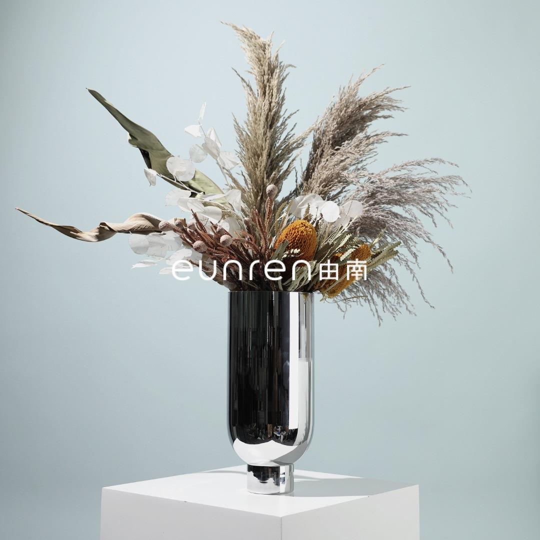 现代简欧几何圆筒银色花瓶玻璃水培花器摆件样板房间家居软装饰品