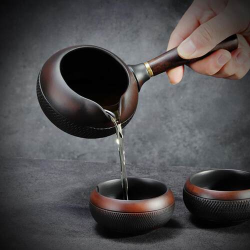 成仙覆古手工跳刀紫陶公道杯单个黑檀木侧把陶瓷分茶器茶海茶具