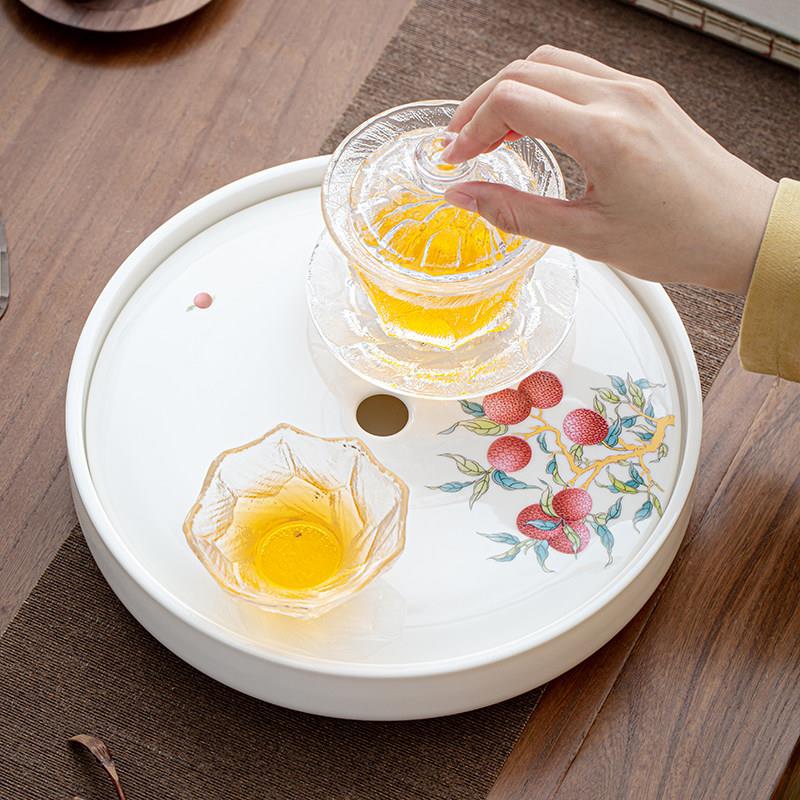 全瓷圆形茶盘家用现代陶瓷干泡台简约储水式简约轻奢茶具茶台托盘