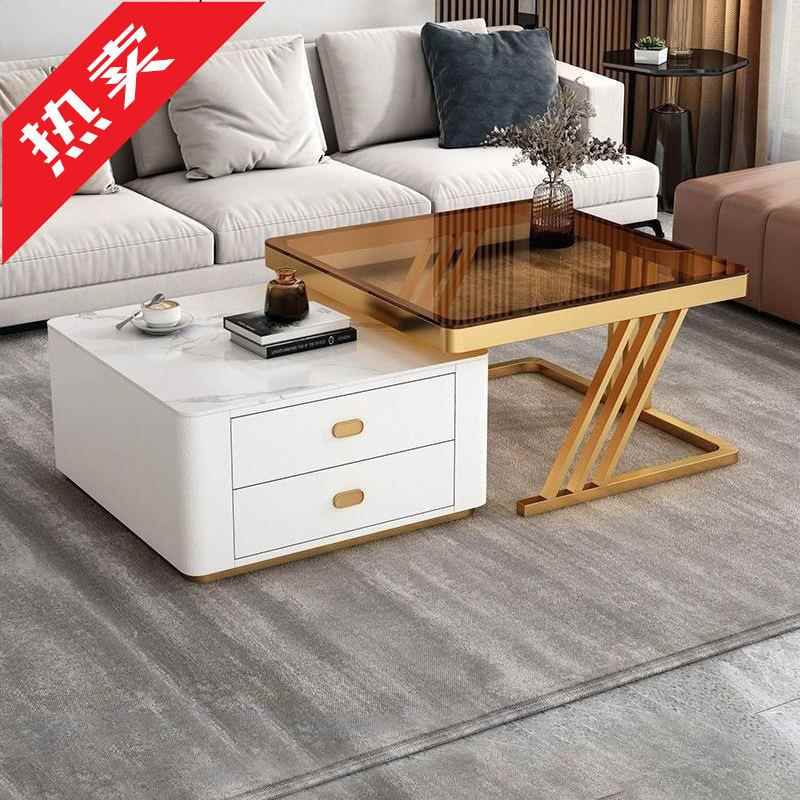 轻奢茶几客厅家用玻璃岩板网红桌子现代简约小户型新款方形组合