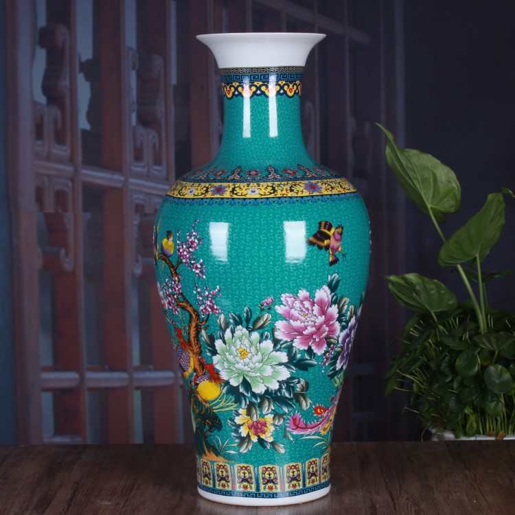 陶瓷陶瓷彩景德镇 花鸟复古瓶珐琅家居装饰大号牡丹绿色花瓶鱼尾