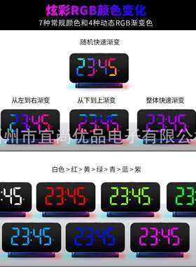 亚马逊跨境热卖新款 RGB炫彩大屏LED电子钟 七彩小夜灯镜像闹钟