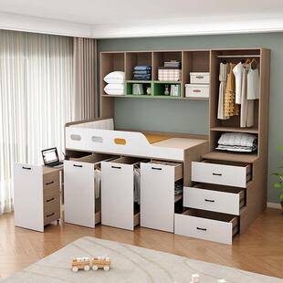 实木上床下柜组合高低抽拉床小户型儿童单人高箱带衣柜半高床定制