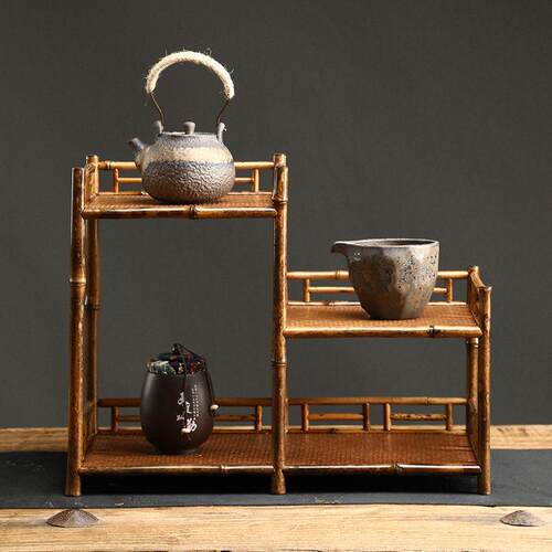 紫竹梅鹿竹茶棚茶架博古架兰花架展示架复古茶具收纳展示架竹家具