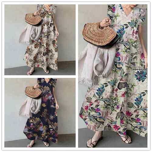 Cotton and linen printed V-neck oversized long style