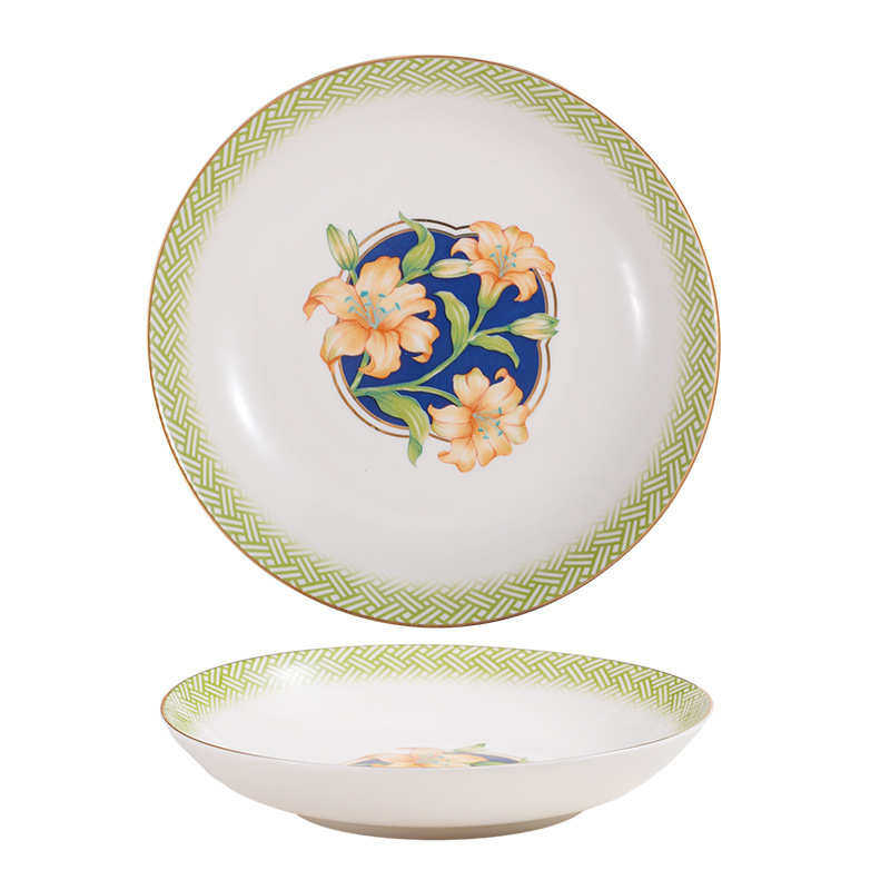 新款百合花陶瓷餐具碗盘勺筷套装乔迁礼品家用吃饭碗盘餐具组合装