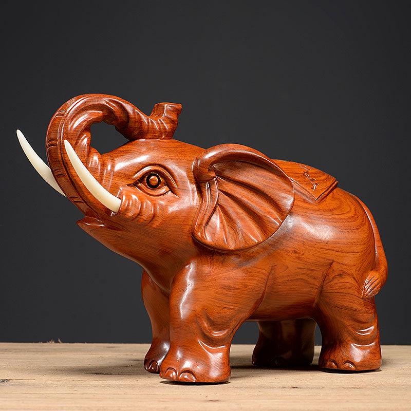 吸水玄关吉祥大象小象一对工纳福花梨质ri0t装饰木雕实木客厅摆件