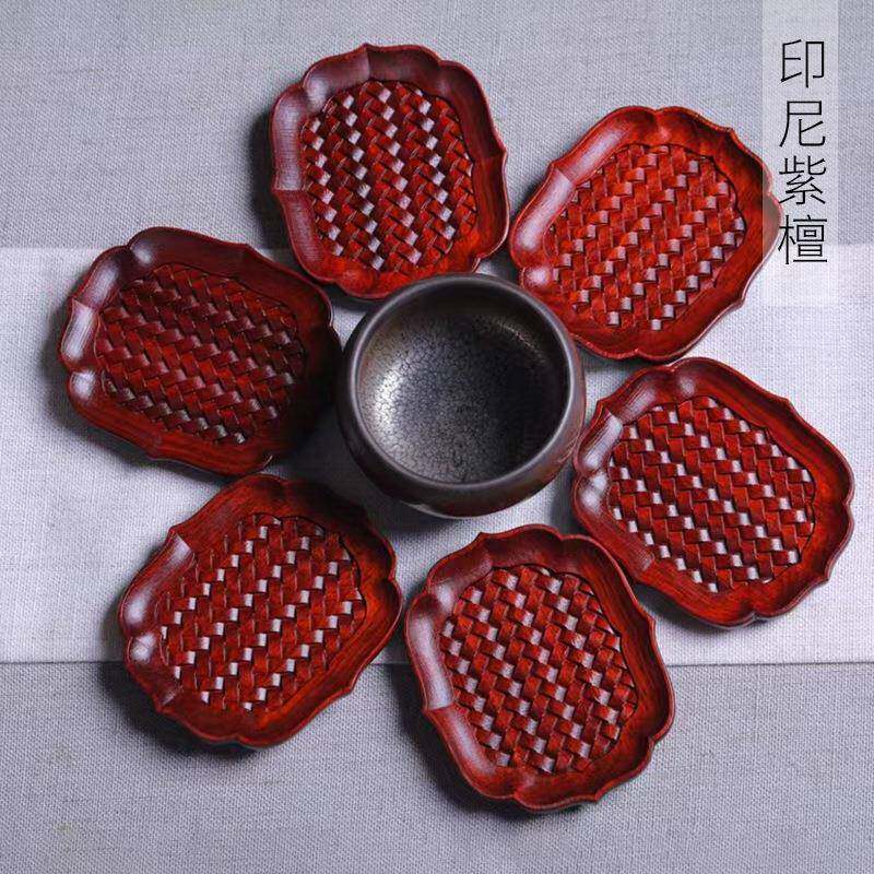 印尼紫檀雕刻吉祥款茶杯垫7.2×8.5×1.1托茶垫隔热茶托茶道拖盘