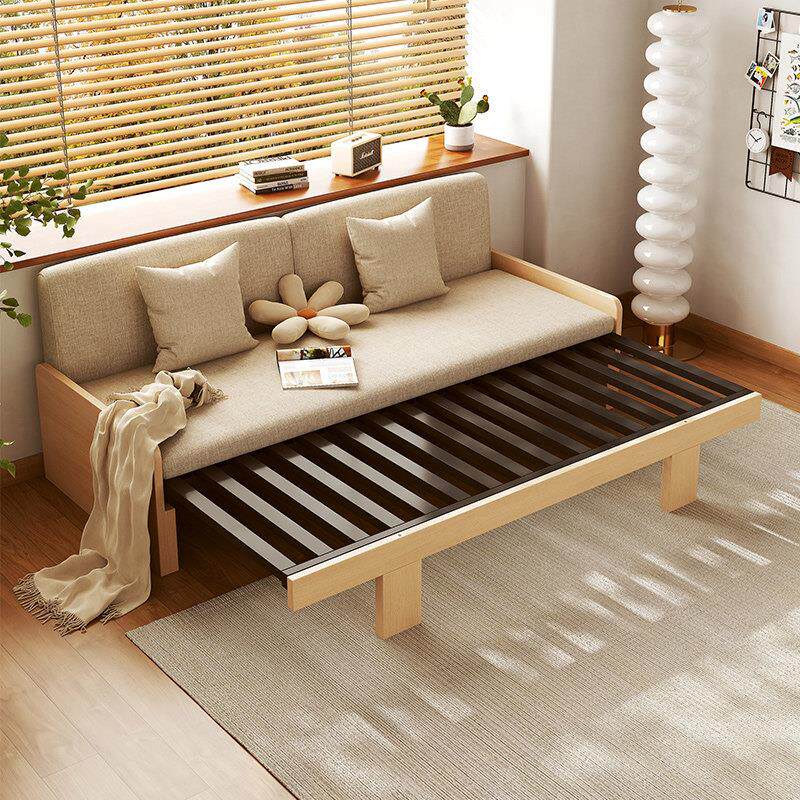 钢木沙发床折叠两用客厅钢架铁架伸缩床多功能二合一实木单人床