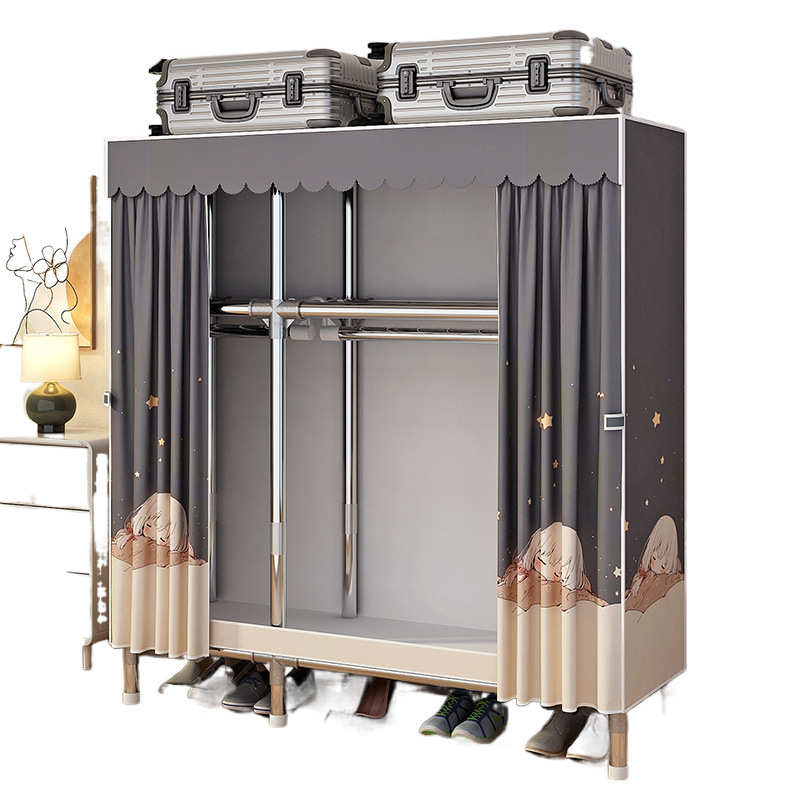 简易衣柜家用卧室全钢架加粗加厚布衣柜出租房组装立式落地衣橱子