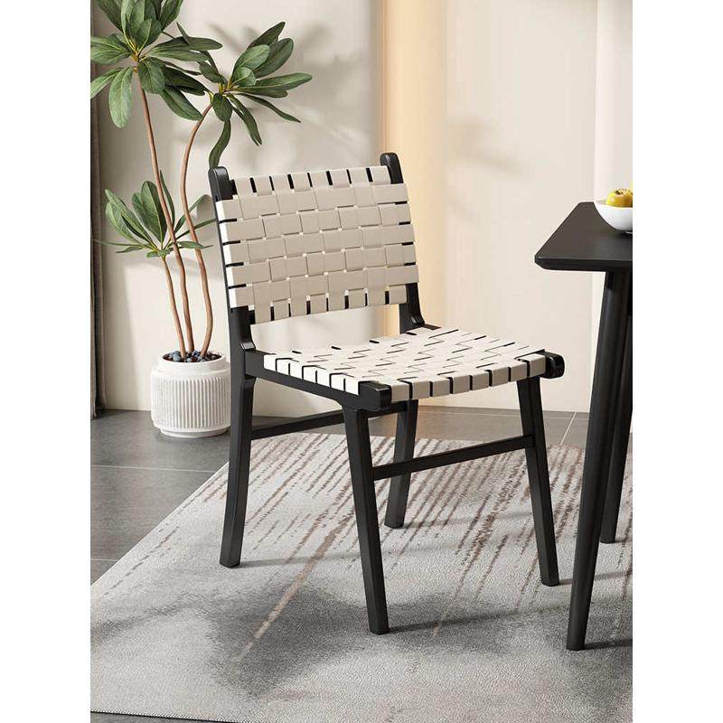 实木餐椅家用中古靠背马鞍皮椅子轻奢高级感侘寂风简约编织餐桌椅