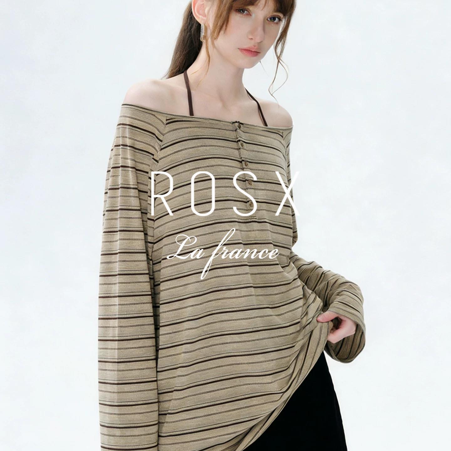 ROSX法式复古条纹撞色一字领露肩长袖T恤女早春慵懒宽松显瘦上衣
