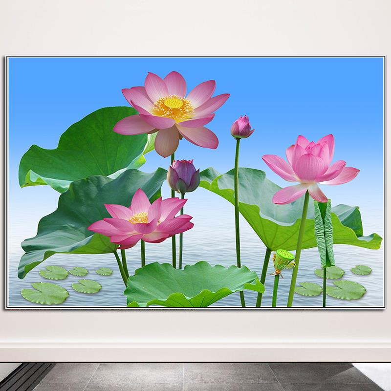 荷花莲花装饰画绿色植物画卉餐厅客厅背景招财玄关风景画自粘挂画图片