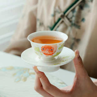 茶杯陶瓷带杯垫个人专用高档主人杯堆雕纯手绘兰寿鱼品茗单杯