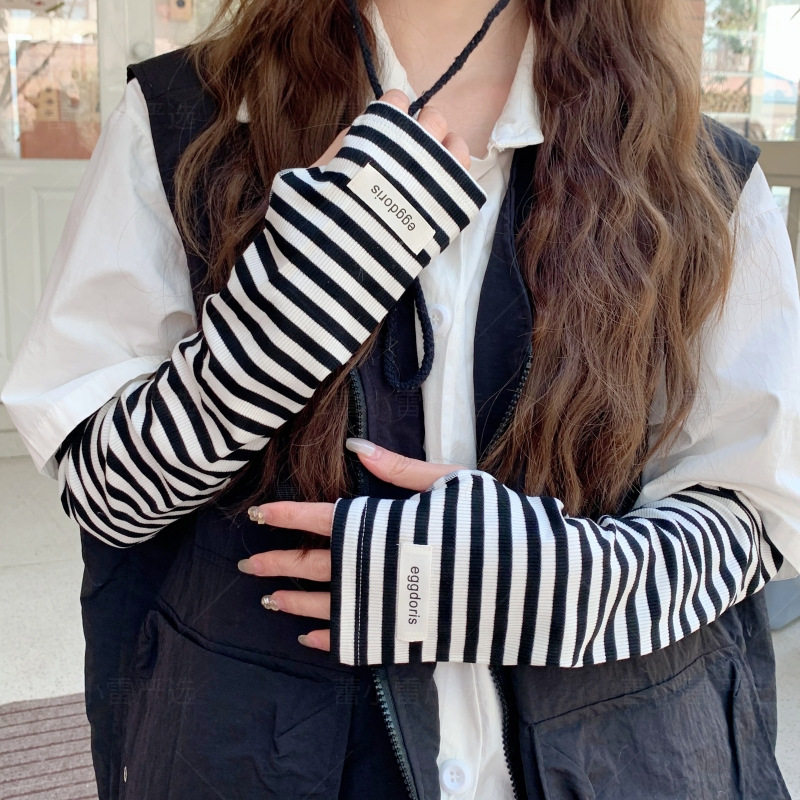 防晒条纹袖套冰丝透气宽松长款手套开车骑行防紫外线护袖套袖