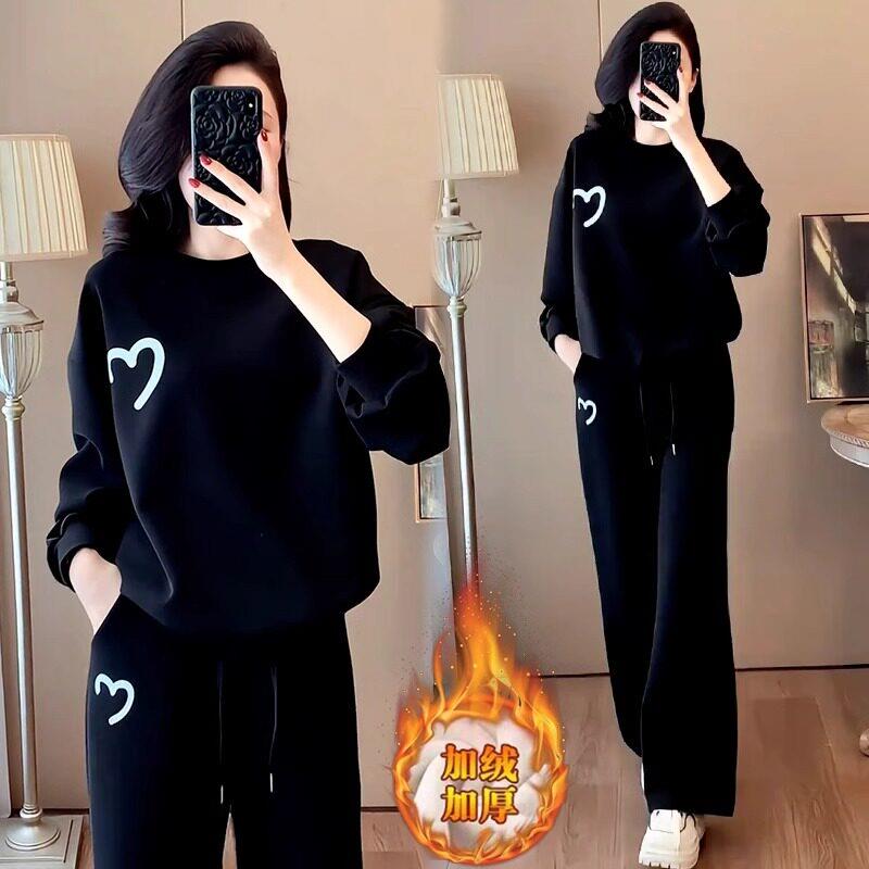 套装女秋冬加绒2025新款高级感圆领厚棉T阔腿裤休闲 时尚洋派两件