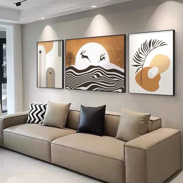 现代简约福鹿客厅装饰画三联组合沙发背景墙挂画抽象橙色线条壁画图片