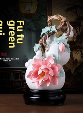 东方陶土芙蓉和财富陶瓷手工瓷花葫芦饰品高端乔迁礼品吸引财富
