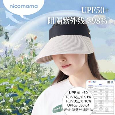 nicomama防晒帽太阳帽年糕妈妈夏季骑车吹不翻空顶大帽檐式遮阳女