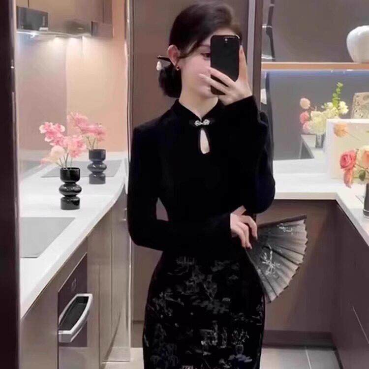 欧洲站春装女款2026新款新中式国风洋装修身显瘦黑色旗袍长裙子
