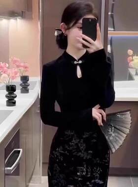 欧洲站春装女款2026新款新中式国风洋装修身显瘦黑色旗袍长裙子