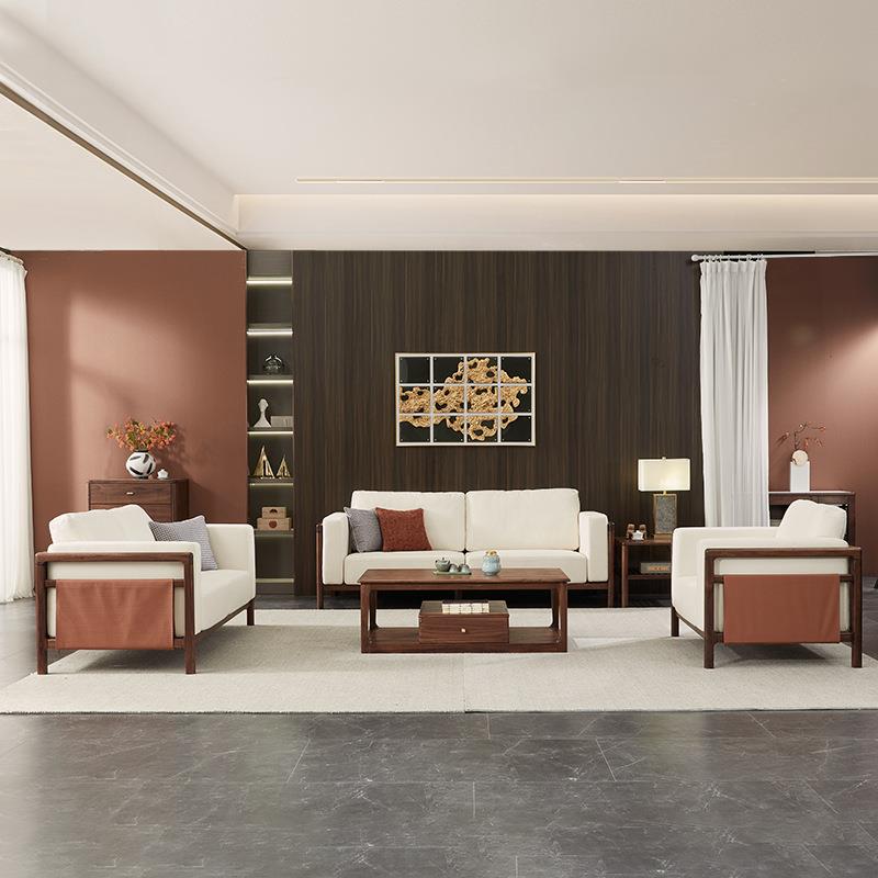 北发美极黑胡桃木布艺客沙现代轻奢厅家具新中式简实木VVW沙发组